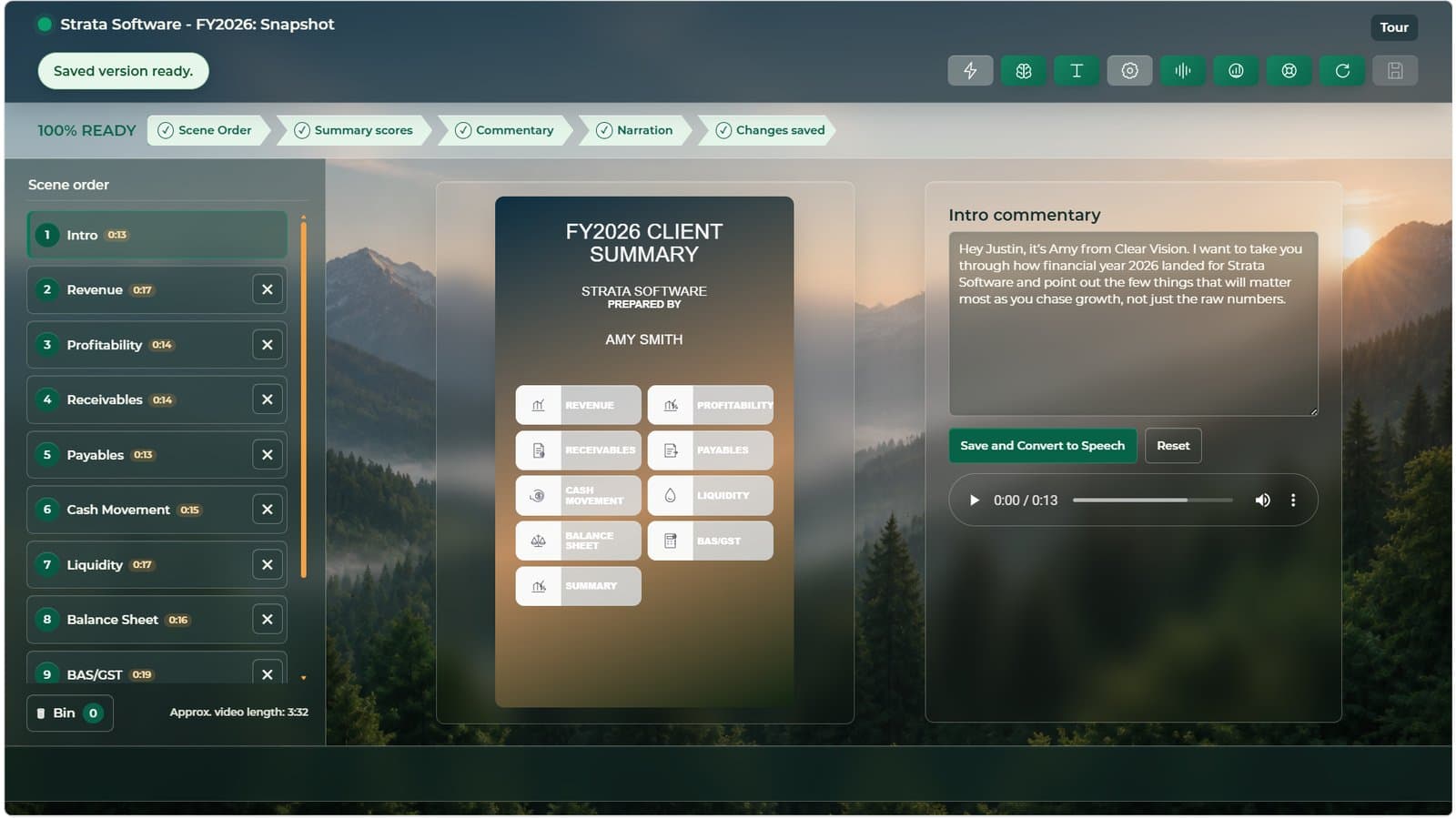 The generator: scenes in order, commentary per scene, narration preview and a readiness checklist before render.